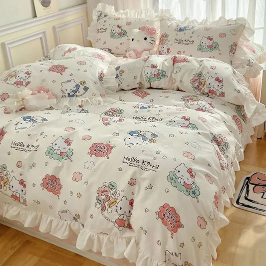 Hello Kitty Cinnamoroll My melody Kuromi new cute cartoon active printing pure cotton edge quilt cover bed sheet three-piece set