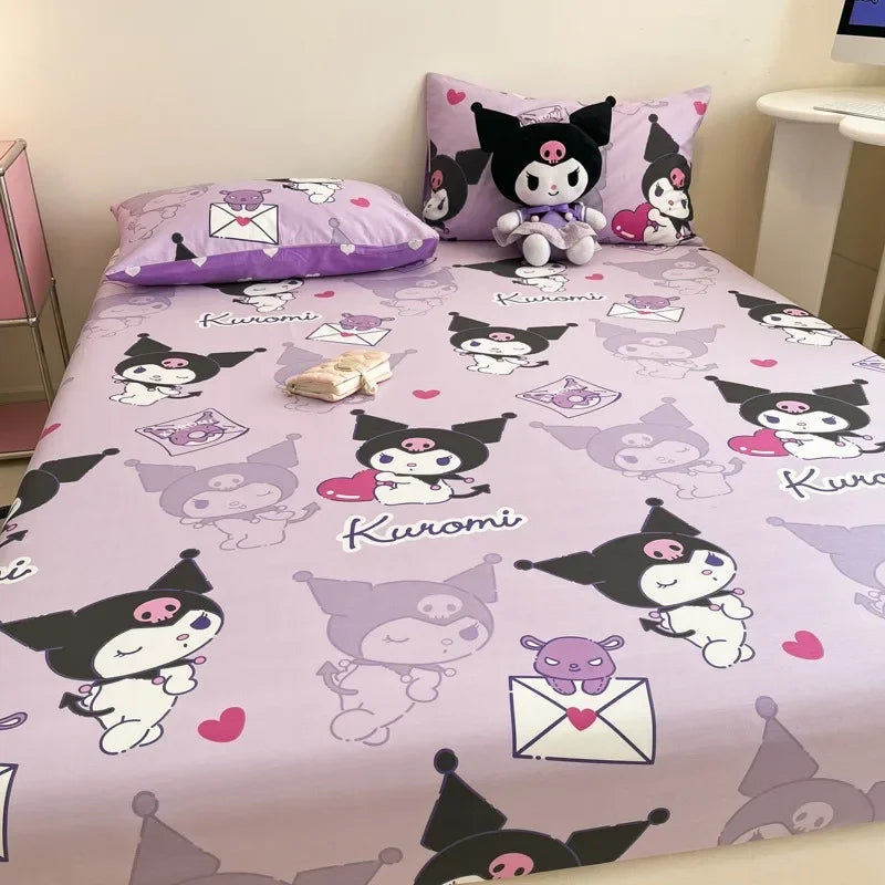 Pure Cotton Fitted Sheet Three-piece Set Hello kitty My Melody Cotton Bedspread Cute Kuromi Full Surround Protective Cover