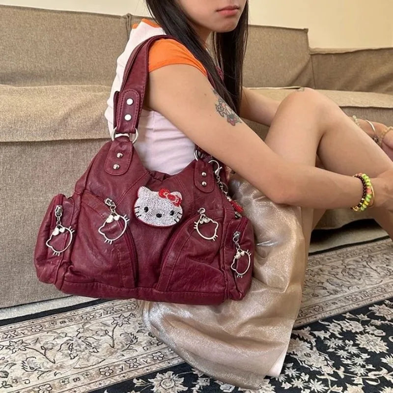 Vintage Shoulder Bag for Women Cute Hello Kitty Luxury Designer Handbag Pu Leather Fashion Original Ladies Armpit Bag