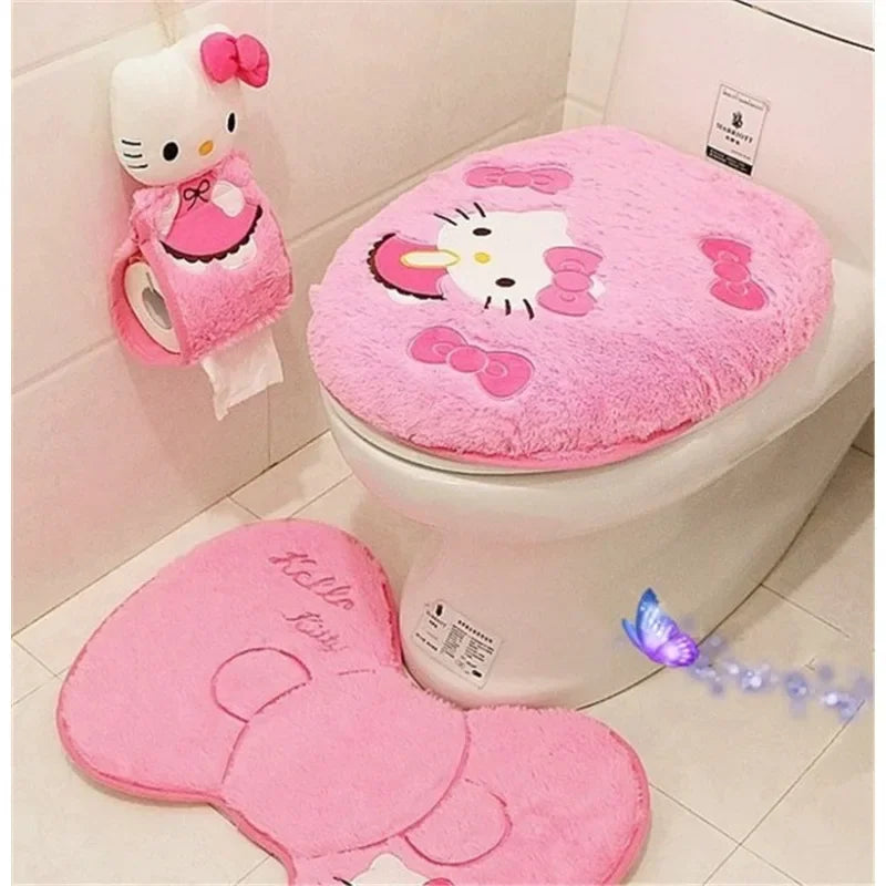 Anime Hello Kitty Toilet Seat Cushion Three Pieces Set Restrooms Universal Winter Household Plush Toilet Seat Cover gift