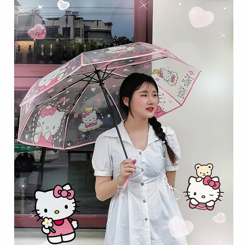 Anime Hello Kitty Umbrella Manual Automatic Cartoon Folding Umbrella Portable Transparent Student Umbrella Girl Gifts