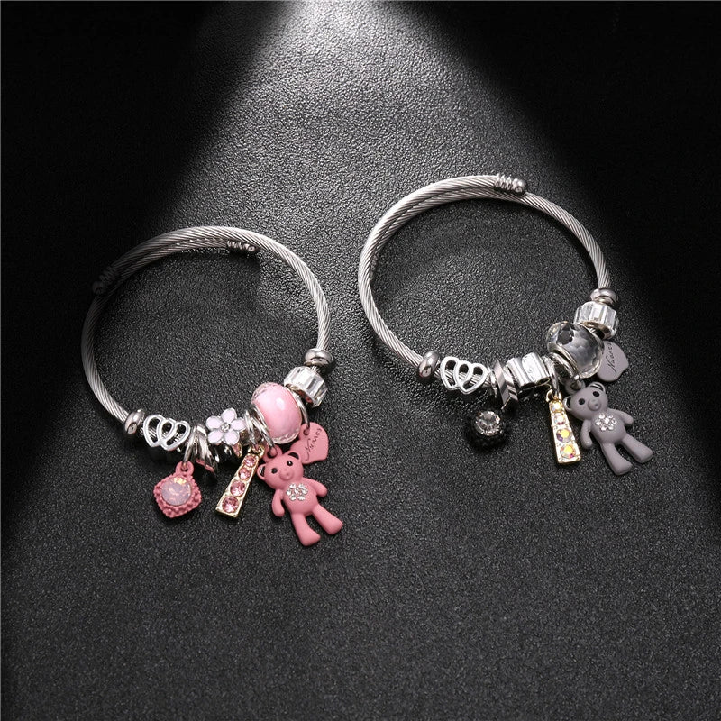 Fashion Bracelets & Bangles Stainless Steel DIY Jewelry Big Pink Bear Pendant Hearts Love Women's Bracelet Cuff Charms