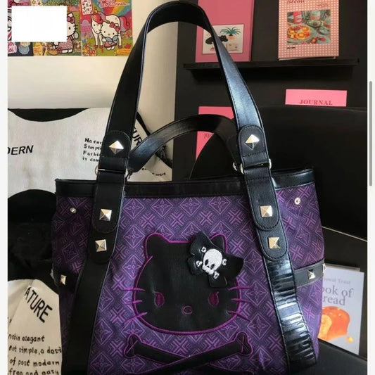 Hello Kitty Vintage Patchwork Purple Armpit Bag Subculture Y2K Sweet Spicy Girl Handbag Gothic Trendy Versatile Tote Bag