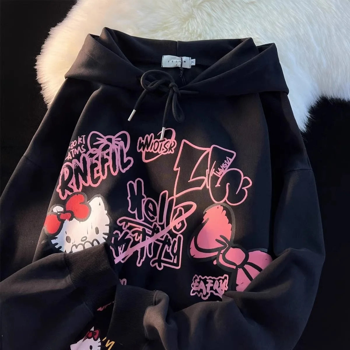 Hello Kitty New Print Tops Hooded Women Men Autumn Winter Aesthetic Loose Sweatshirts Y2k Cute Pullovers Fashion Clothes