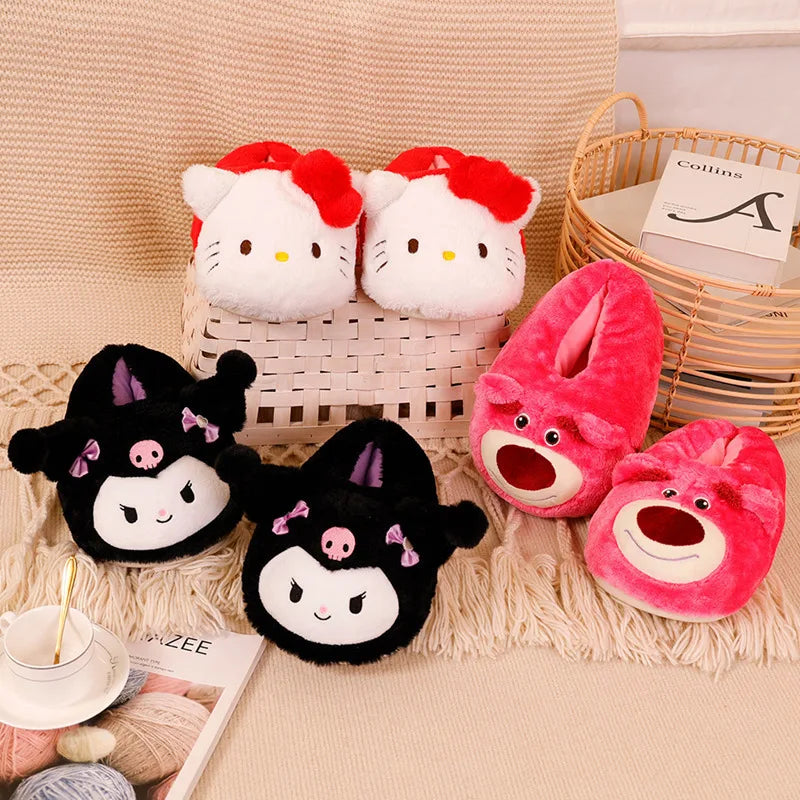 Cartoon Sanrioed Kuromi Hello Kitty Y2K Plush Slippers Women Melody Cinnamoroll Anime Kawaii Winter Home Cotton Shoes Soft Girl