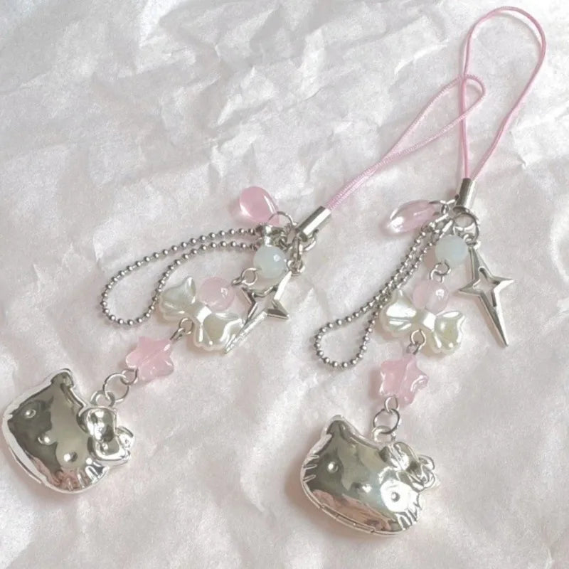 Hello Kitty Cell Phone Rope Chain Sanrio Anime Pendant Handmade Beads Strand Choker Bracelets Dangle DIY Jewelry Accessories Toy