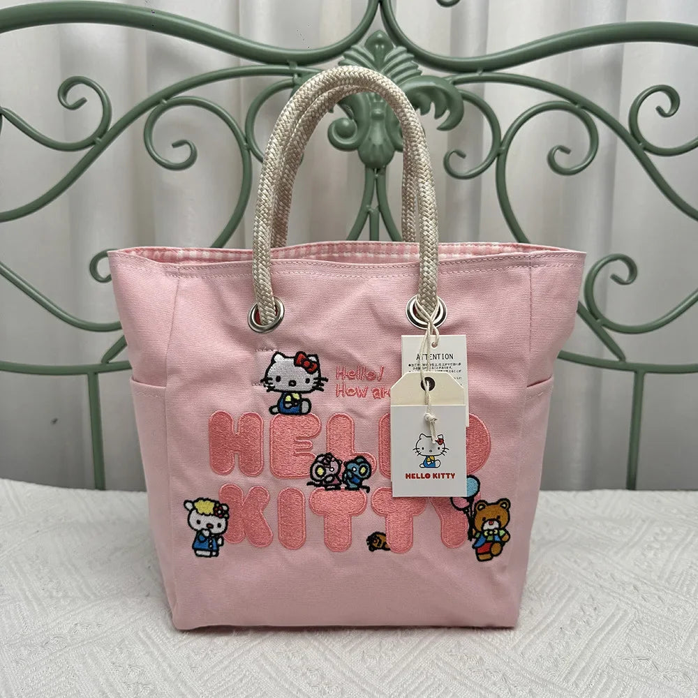 Hello kitty Pink Exquisite Embroidery Large Capacity Cartoon Handbag Cute Women's Cloth Bag Tote Storage Bag Top Quality Luxury