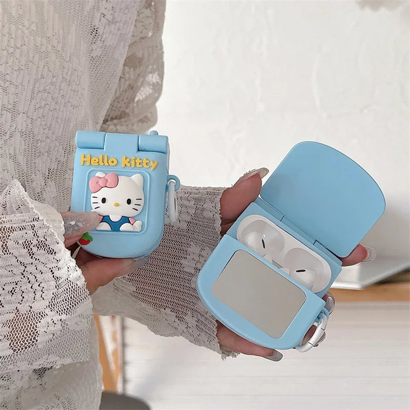 3D Phone Hello Kitty Case For Airpods 4 Generation Mirror Blue Earphone Cover For Airpods1 2 3 Pro Soft Silicone Protective Case