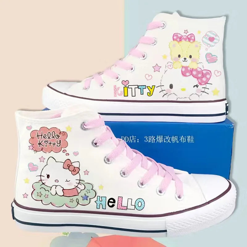 Kitty Lolita Shoes High Top Canvas Shoes for Women Hello Kitty Printed Student Casual Flat Sneakers 2024 New Women Shoes