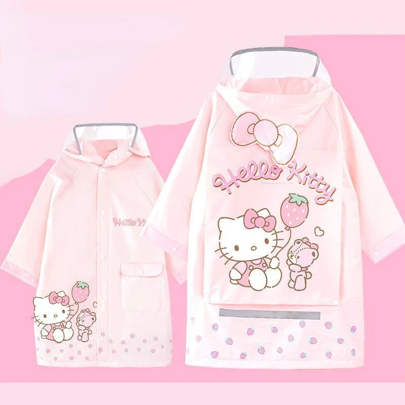 Hello Kitty Raincoat with Bag Bits Big Brim Student Waterproof Clothing for School Cartoon Kuromi Children's Raincoat