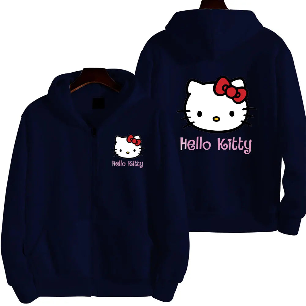 Women's Zipper Hoodie Autumn and Winter New Cute Kawaii Hello Kitty Pattern Sweatshirt Streetwear Women's Clothing