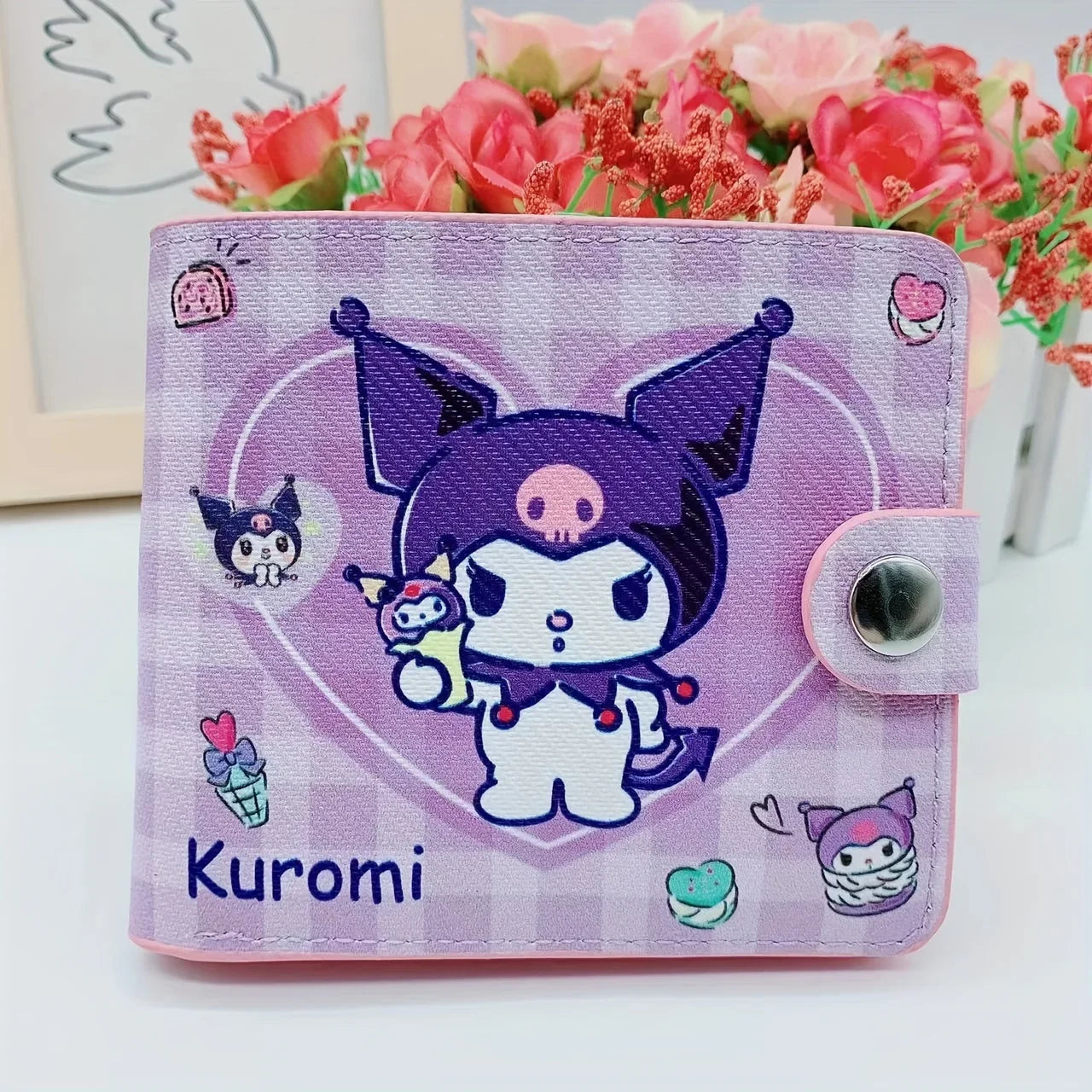 Kawaii Hello Kitty Cinnamoroll PU Casual Short 2 Fold Cartoon Purse Card Holder Wallet Cute Kuromi Button Card Bag Wallet