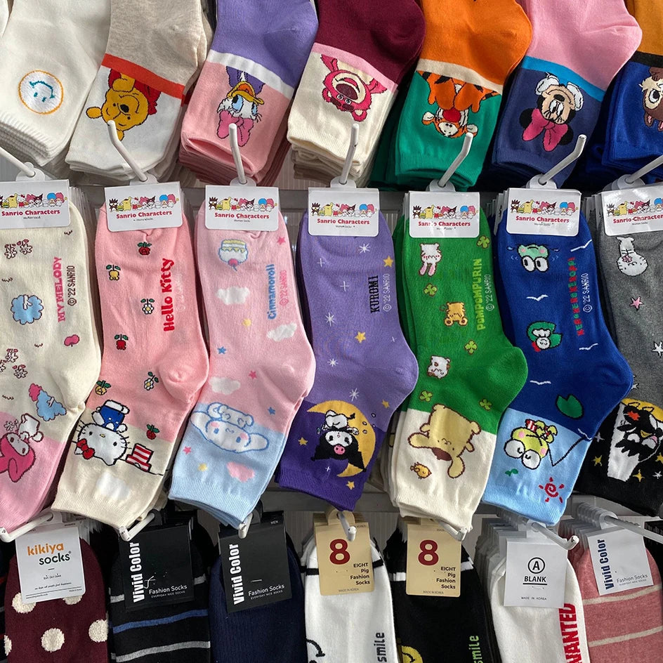 Fashion Sanrio Socks Kawaii Hello Kitty Kuromi Cinnamoroll Cartoon Kawaii Student Stockings Cute Girls Cotton Home Warm Socks