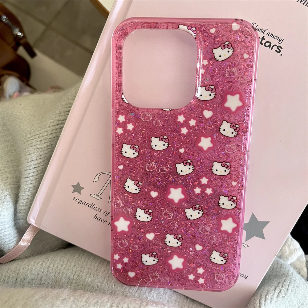 Korean Bling Glitter Stars Hello Kitty Phone Case For iPhone 16 15 14 Pro Max 13 12 Candy Color Cartoon Bumper Back Cases Cover