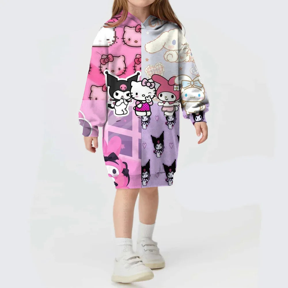 Toddler Kids Hello Kitty Kuromi print Hoodies Dresses for Girls Loose Casual Long Dress Infant Children O Neck Outfits Dress