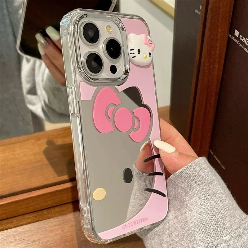 Cute Cartoon Bow Hello Kitty Luxury Make Up Mirror Phone Cover For iPhone 12 13 14 15 16 Pro Max Pink Kitty Lovely Back Cover