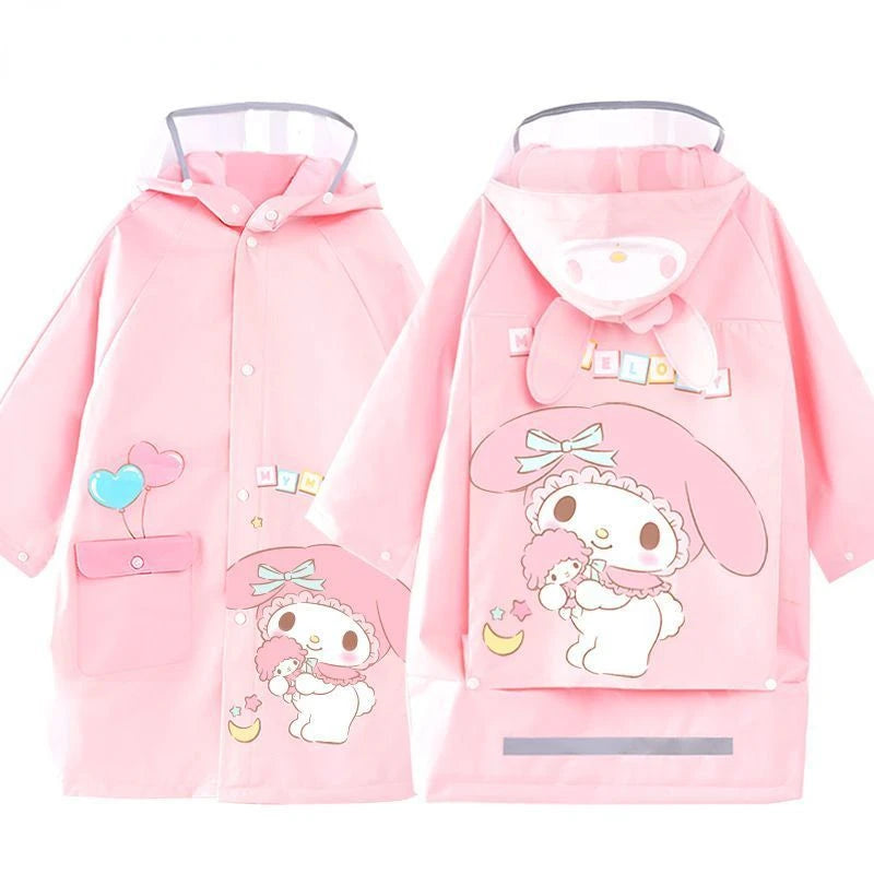 Hello Kitty Raincoat with Bag Bits Big Brim Student Waterproof Clothing for School Cartoon Kuromi Children's Raincoat