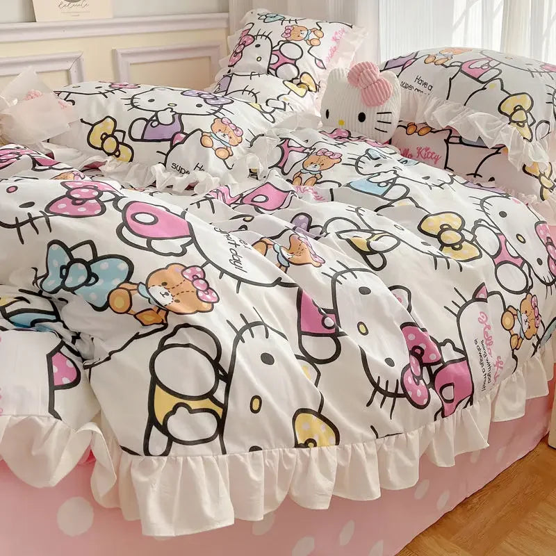 Hello Kitty Cinnamoroll My melody Kuromi new cute cartoon active printing pure cotton edge quilt cover bed sheet three-piece set