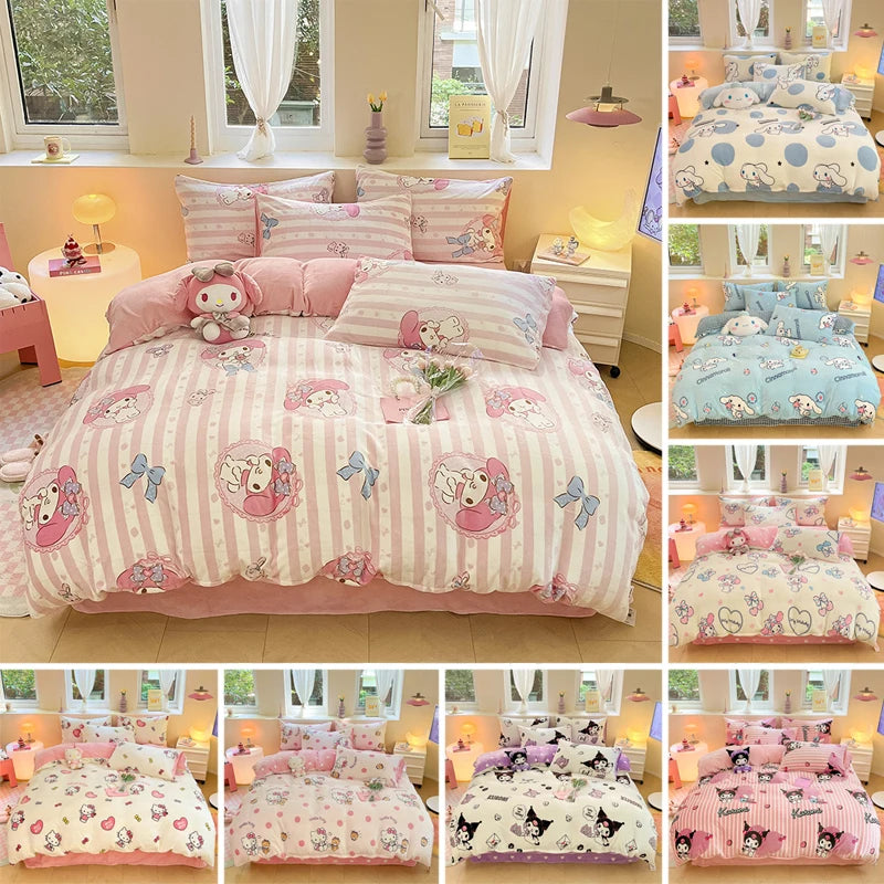 Winter Milk Velvet Bedding Set Hello Kitty Melody Kuromi Thickening Warm Flannel Queen Duvet Cover Bed Sheet Pillowcase