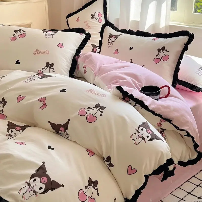 Hello Kitty Cinnamoroll My melody Kuromi new cute cartoon active printing pure cotton edge quilt cover bed sheet three-piece set