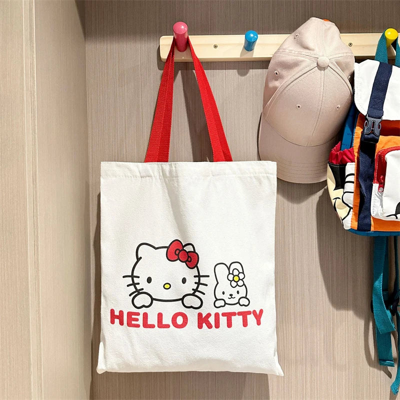 Hello Kitty Canvas Bag Kawaii Anime Student Portable Large Capacity Makeup Wash Commuting Cartoon Storage Bags Girls Gift