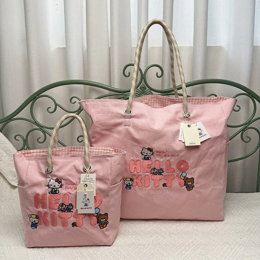 Hello kitty Pink Exquisite Embroidery Large Capacity Cartoon Handbag Cute Women's Cloth Bag Tote Storage Bag Top Quality Luxury