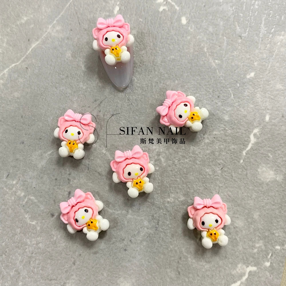 20PCS Kawaii Cartoon 3D Nail Accessories Hello Kitty Kuromi Dress Up Bowknot Decoration Art Charms DIY Jewelry Supplies Gift