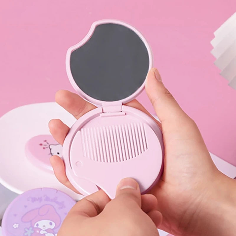 Hello Kitty My Melody Double Sided Folding Mirror Cute Portable Mirror Comb Integrated Mini Makeup Mirror Girl Gifts