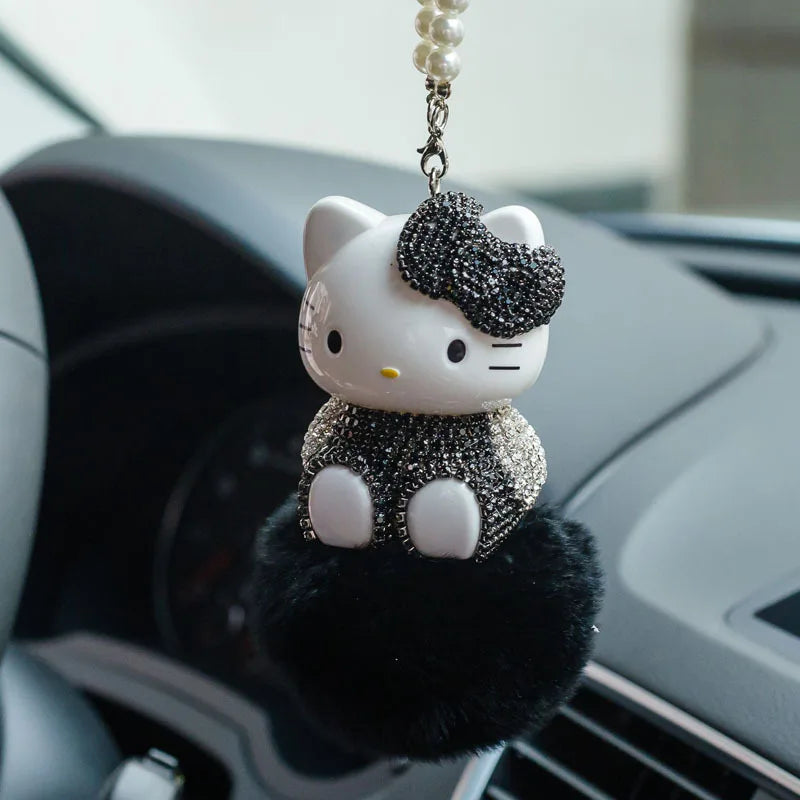 Kawaii Hello Kittys Plush Car Pendant Anime Kt Cat Hairball Diamond Ornaments Rear View Mirror Pendant Car Decor Accessories