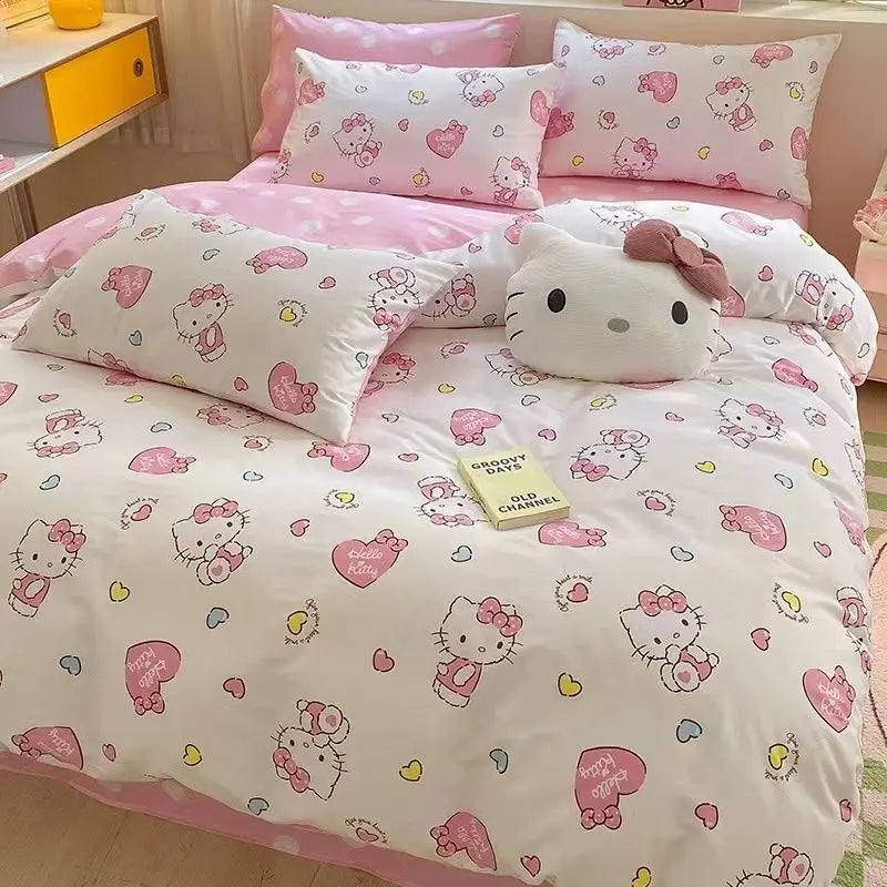 4Pcs/set Kawaii Anime Cartoon Hello Kitty Bedding Quilt Cover Student Bedding Soft Microfiber Bedspread Lightweight Coverlet