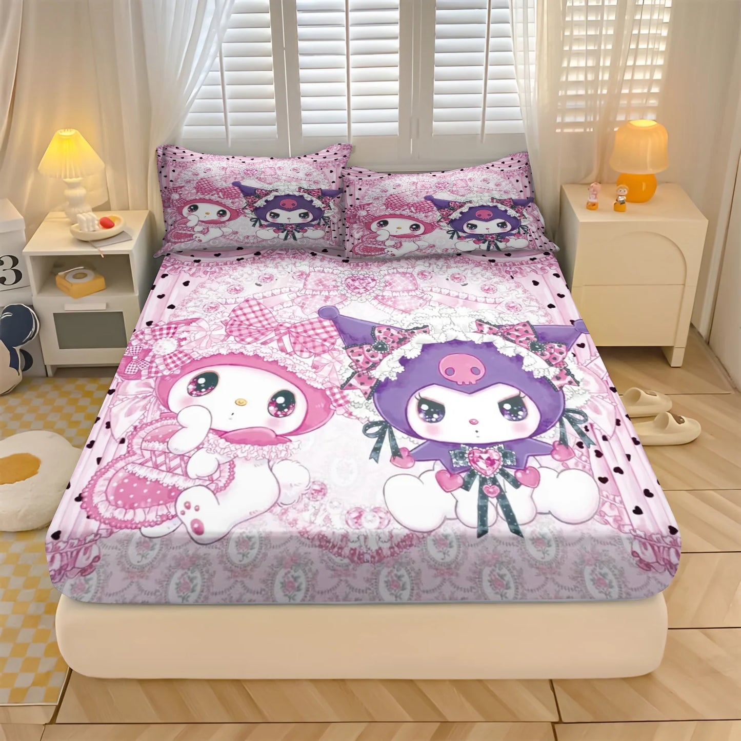 Sanlio, Kuromi Hello kitty 100% Polyester With Pillowcas Bedding Set  Fitted Sheet Bed Cover Full 3D Printed Children'S