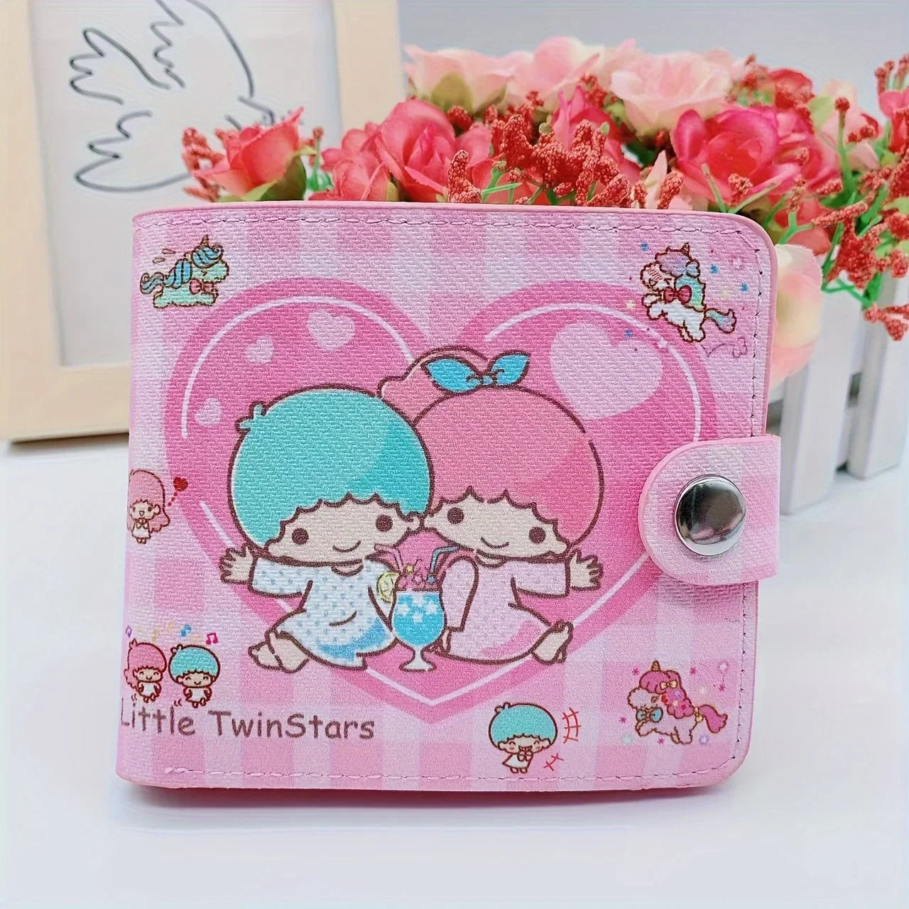 Kawaii Hello Kitty Cinnamoroll PU Casual Short 2 Fold Cartoon Purse Card Holder Wallet Cute Kuromi Button Card Bag Wallet