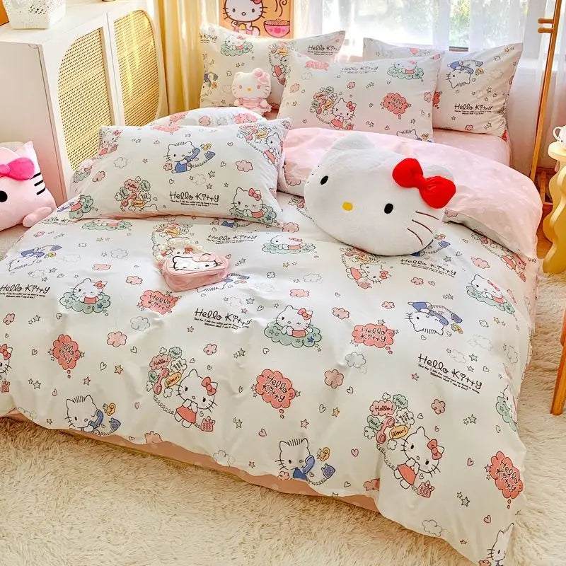 Cute Hello Kitty simple and sweet cartoon printed soft and comfortable pure cotton bed sheet and quilt cover three-piece set