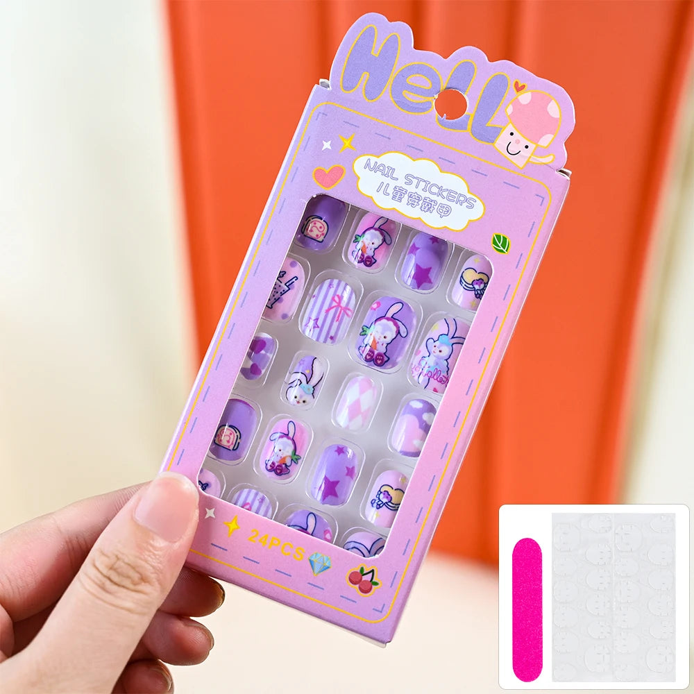 24Pcs Cartoon Hello Kitty Press on Nails Sanrio Series Pink/Blue/Purple Kuromi Kawaii Fake Nail for 6 years+ School Girl