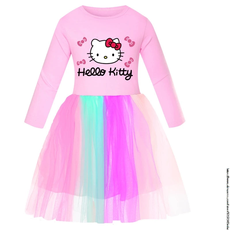 New Hello Kitty Kids Clothes Long Slevess Dresses Cotton Rainbow Full Dress Teen Cartoon Girl Clothing Party Clothes 2-7Years