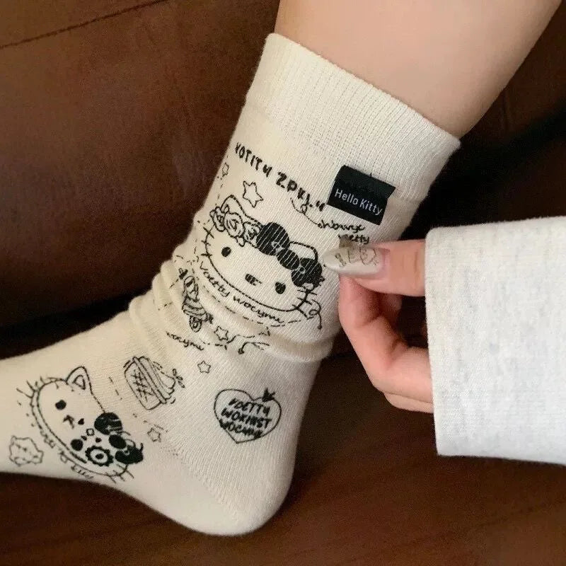 Cartoon Hello Kitty One Size Fits All Mid Length Socks Cute Girl's Long Socks Versatile Shoes Soft and Comfortable Gift for Girl