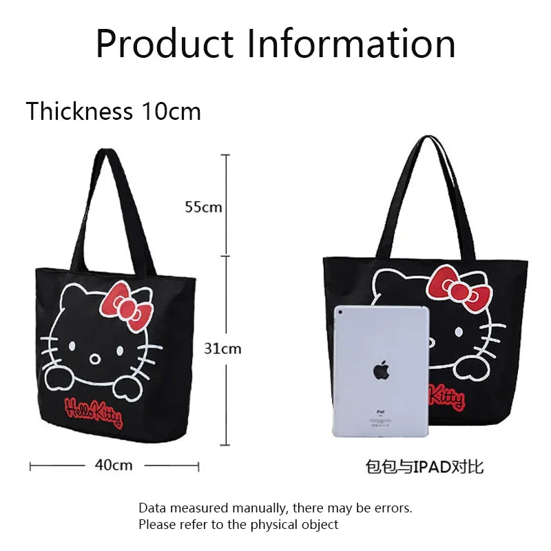 Hello Kitty Tote Bag Cartoon Shoulder Bags Large Capacity Canvas Bags Student Book Storage Zipper Handbag Girl Beach Bag