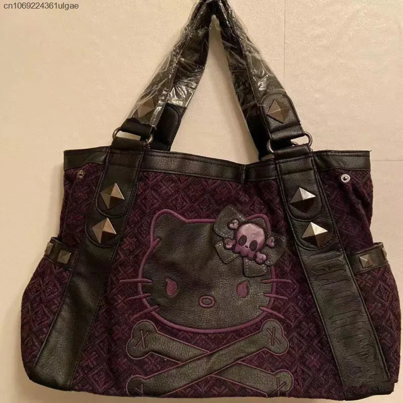 Hello Kitty Vintage Patchwork Purple Armpit Bag Subculture Y2K Sweet Spicy Girl Handbag Gothic Trendy Versatile Tote Bag