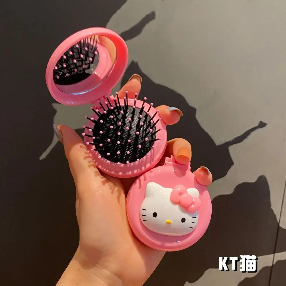 Hello Kitty Kuromi My melody Cartoon Animation Peripheral Girl Portable Folding Comb and Mirror Dual-Purpose Flip Kawaii Gift