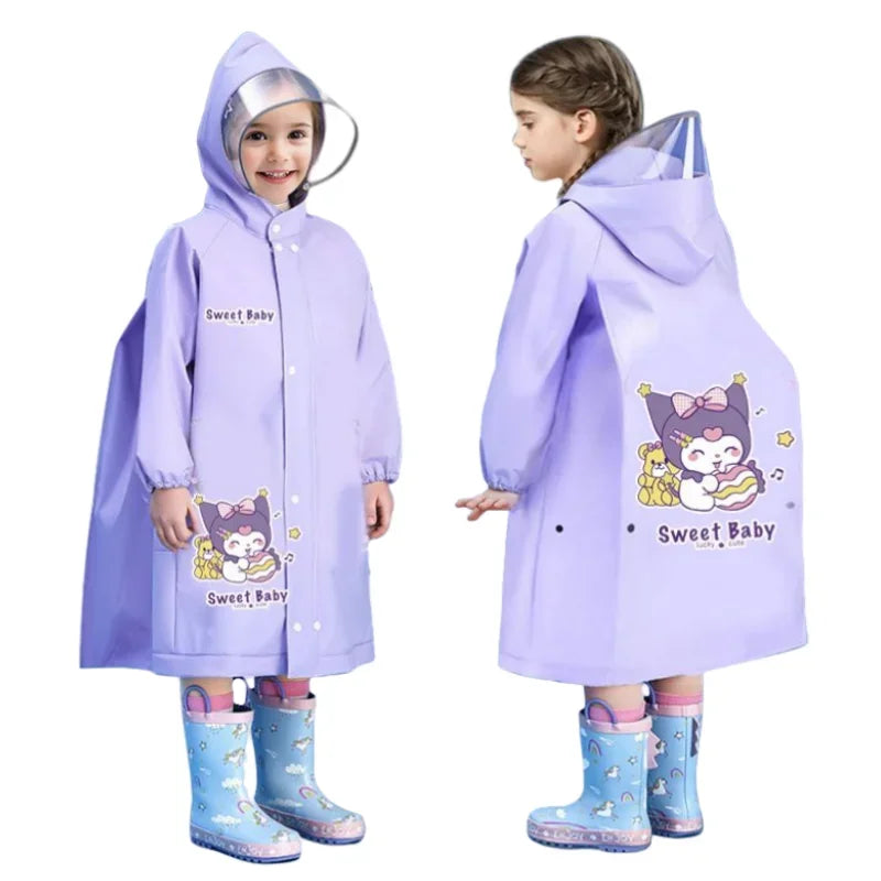 Cartoon kuromi children's raincoat for students going to school with school bag, cute anime raincoat outdoor waterproof