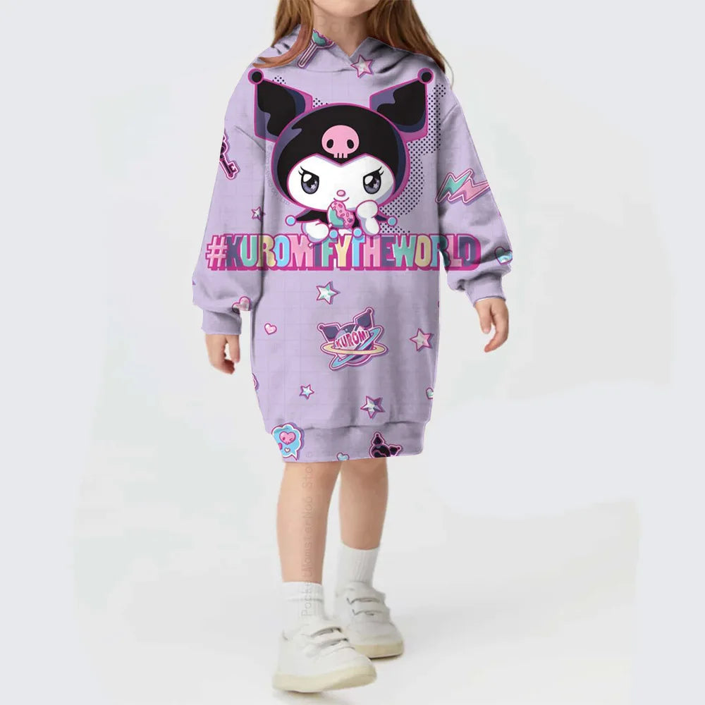 Toddler Kids Hello Kitty Kuromi print Hoodies Dresses for Girls Loose Casual Long Dress Infant Children O Neck Outfits Dress