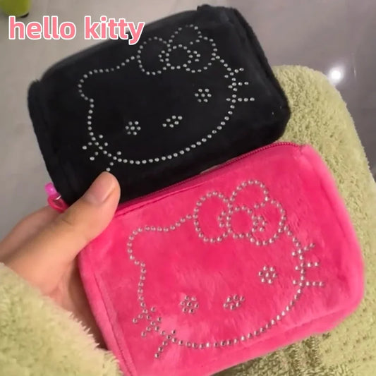 Japanese hello kitty cute portable coin purse plush mini storage black key bag portable headphones bag cute clutch wallet