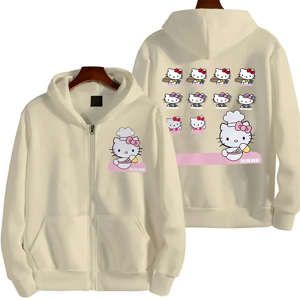 Anime Cute Printed Hoodies Women Cartoon Hello Kitty Y2k Korean Students Loose Sweatshirt Fashion Sweet Cardigan Clothing