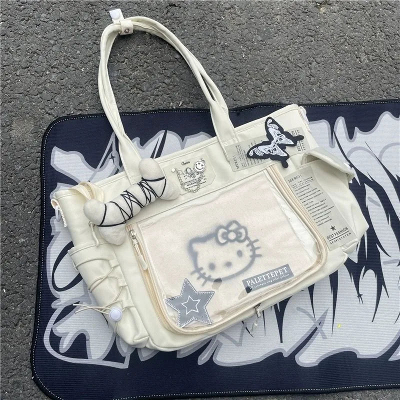 Hello Kitty Womens Tote Bag Canvas Large Capacity Pink Patchwork Shoulder Bag Casual Chain Sweet Fashion Ladies Handbag