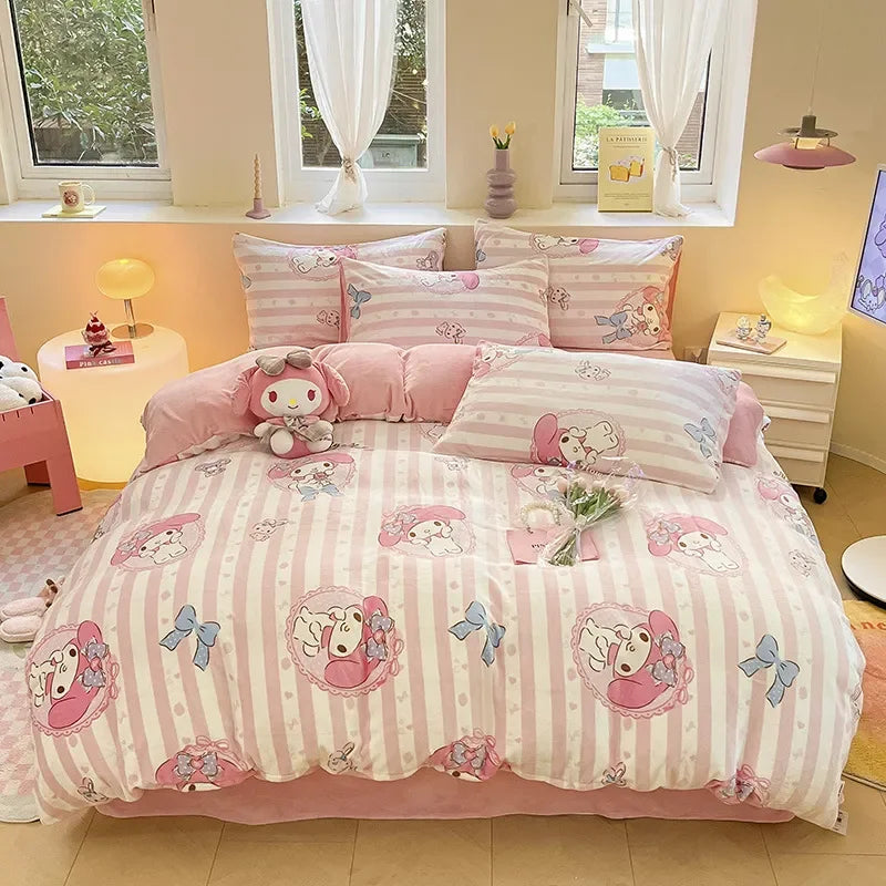 Winter Milk Velvet Bedding Set Hello Kitty Melody Kuromi Thickening Warm Flannel Queen Duvet Cover Bed Sheet Pillowcase