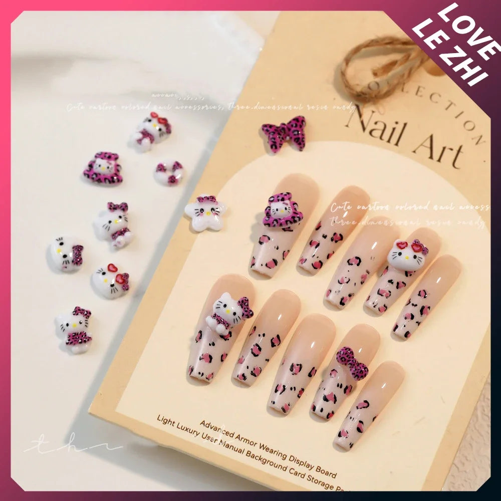 20 PCS Cartoon Leopard Print Hello Kitty Nail Tips Charms Ornament Acrylic Diy Sunglasses Bowknot Party Sticker Nail Accessories