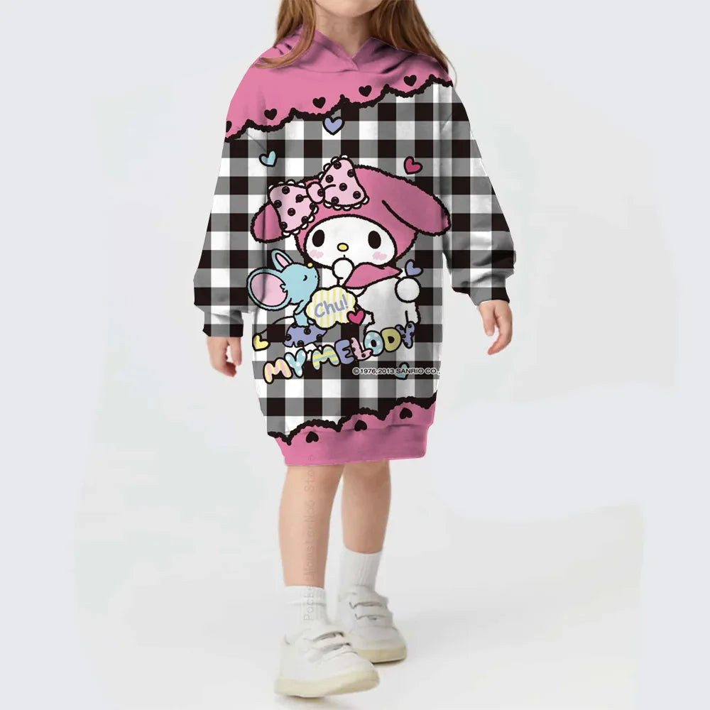 Winter Autumn Kids Girl Dress Hooded Children's Clothing Hello Kitty Kuromi print Loose Dress Long Sleeve Toddler Girl Outerwear