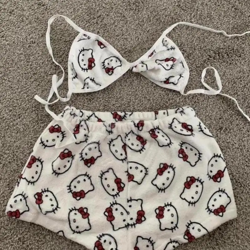 Hello Kitty Women's Pajamas Set Sleepwear 2Pcs Short Tank Tops and Shorts Sexy Plush Home wear Women Pajamas Bra Sets