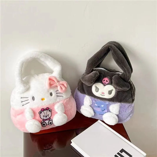 Kawaii Kuromi Cinnamoroll Hello Kitty My Melody Soft Plush Tote Bag Anime Pompom Purin Pochacco Handbag Storage Bag Girls