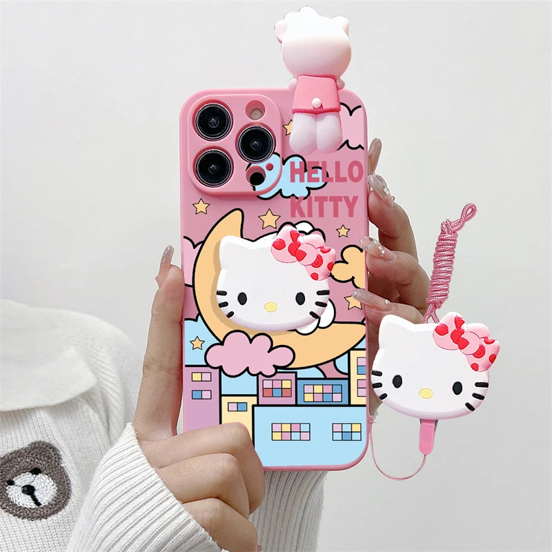 3D Hello Kitty Phone Holder Cartoon Case For iPhone 16 15 14 Plus 13 12 11 Pro Max Mini Toy With Strap Rope Lanyard Cover